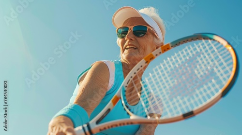 Active senior woman smiling while playing tennis against a clear blue sky.