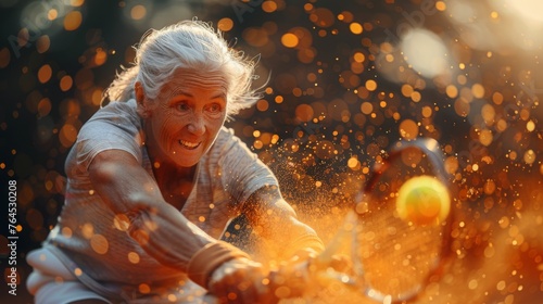 Elderly woman playing tennis expressing joy, concept of golden age, zest for life, and seizing the moment