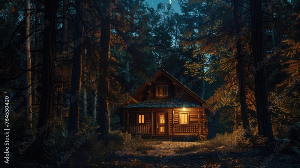 A cozy cabin nestled in a dark forest. Perfect for nature or horror themes A cozy cabin nestled in a dark forest. Perfect for nature or horror themes