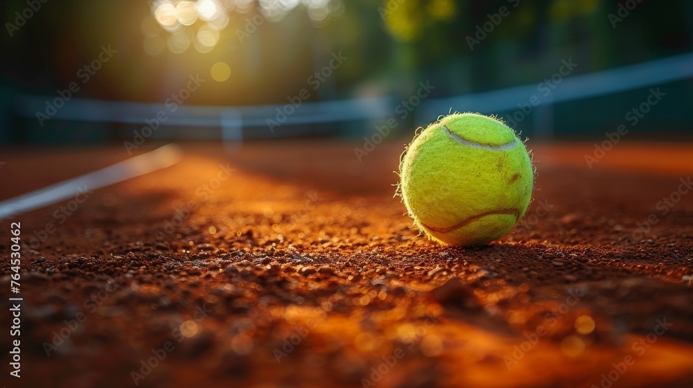 Close-up of Tennis Ball on Clay Court at Sunset