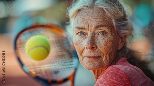 A senior sportswoman intensely focused on the tennis game, senior athlete