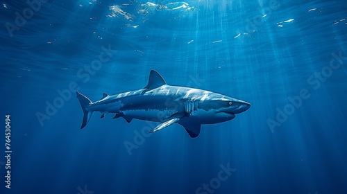  A magnificent white shark glides beneath deep-blue ocean waves, bathed in golden sunbeams © Mikus