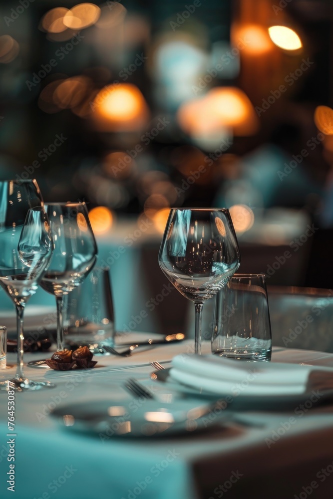 Elegant table setting with wine glasses and plates, perfect for restaurant or celebration events Elegant table setting with wine glasses and plates, perfect for restaurant or celebration events