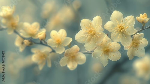  A high resolution image of a close up of a variety of flowers on a tree branch against a clear blue and sunny yellow sky