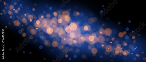 Blurred gold bokeh on blue background. Golden blur effect wallpaper. Abstract shiny glitter, sparks, dust, sparkles. Glowing navy backdrop for Christmas, New Year, birthday card, banner, flyer. Vector