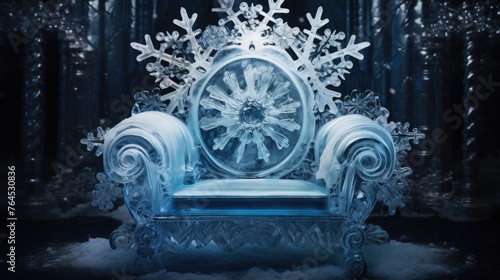 A throne made of ice with large snowflakes in the center and on the sides, dark background