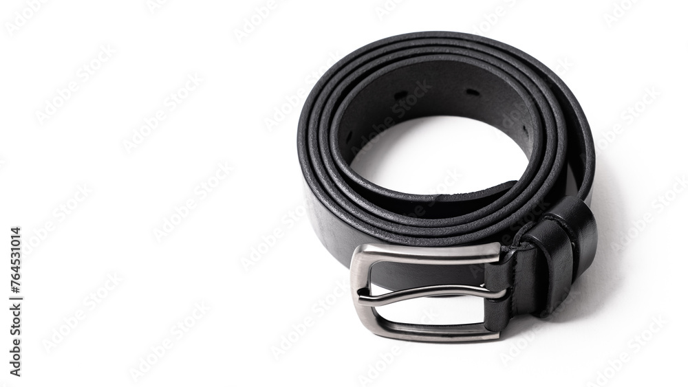 Twisted black leather belt with matted metal buckle isolated on white background. Fastened fashionable unisex, man or woman accessory for trousers, jeans, dress. Male luxury strap. Haberdashery goods Twisted black leather belt with matted metal buckle isolated on white background. Fastened fashionable unisex, man or woman accessory for trousers, jeans, dress. Male luxury strap. Haberdashery goods