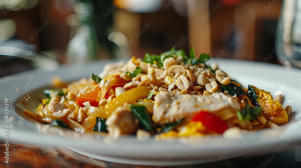 A close-up of a white plate filled with a colorful pad thai stir-fry, featuring chicken, eggs, vegetables, and crushed peanuts A close-up of a white plate filled with a colorful pad thai stir-fry, featuring chicken, eggs, vegetables, and crushed peanuts