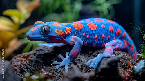  A gecko with blue and red scales rests on a rock near a green plant in a terrarium