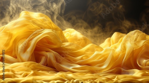  A close-up image of a yellow fabric with significant smoke rising from both ends