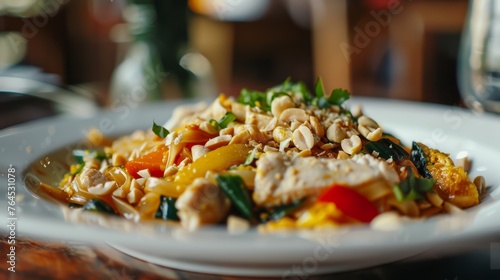 A close-up of a white plate filled with a colorful pad thai stir-fry, featuring chicken, eggs, vegetables, and crushed peanuts