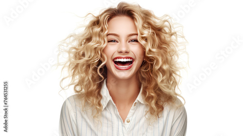 A young attractive caucasian smiling blonde woman isolated on transparent and white background.PNG image.