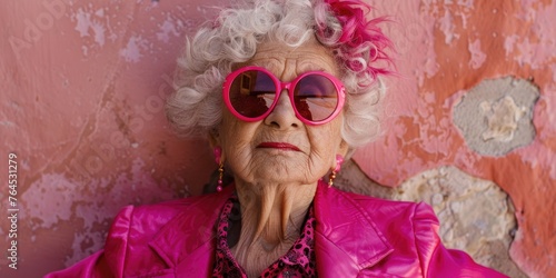 A fashionable older woman in pink accessories. Perfect for lifestyle or fashion content