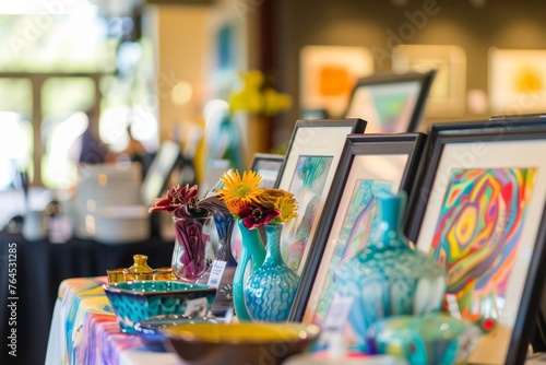 A silent auction featuring artwork and unique items donated by local businesses at a charity event, raising funds through bidding and generosity, Generative AI