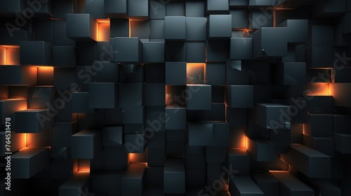 Abstract dark geometric black anthracite 3d texture wall with squares and rectangles background banner illustration with glowing lights