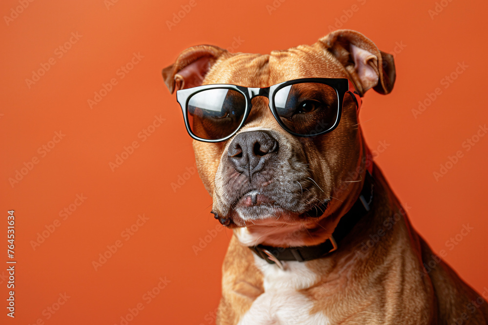 Pit Bull Terrier dog with sunglasses on orange studio background Pit Bull Terrier dog with sunglasses on orange studio background