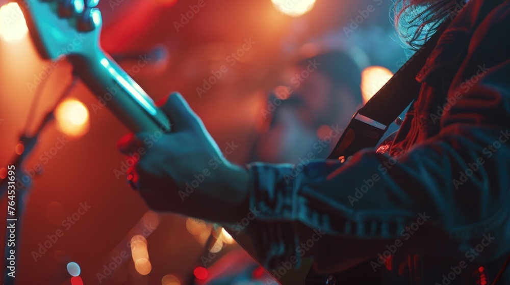 Musician playing guitar in front of microphone. Ideal for music events promotion