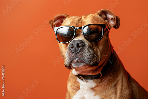 Pit Bull Terrier dog with sunglasses on orange studio background © Firn