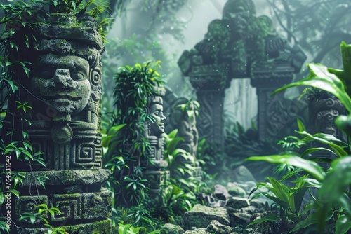 Ancient Ruins and Mystical Artefacts Showcasing ancient ruins of a lost civilization hidden within the rainforest photo