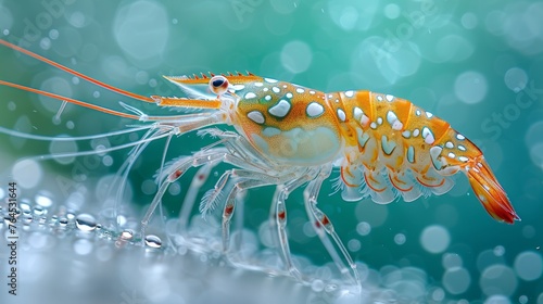  A focused view of a shrimp exhibiting air bubbles on its hindlegs, amidst a serene waterscape © Mikus