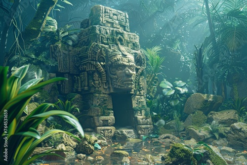 Ancient Ruins and Mystical Artefacts Showcasing ancient ruins of a lost civilization hidden within the rainforest