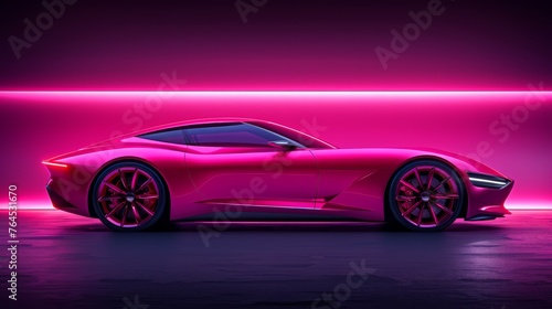  A neon-lit pink sports car in a dimly-lit room, facing a bright neon wall © Mikus