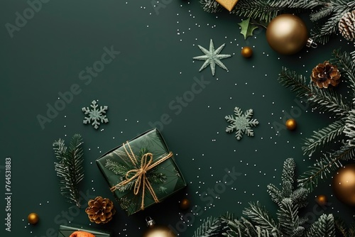 Festive green Christmas background with presents and pine cones. Perfect for holiday designs