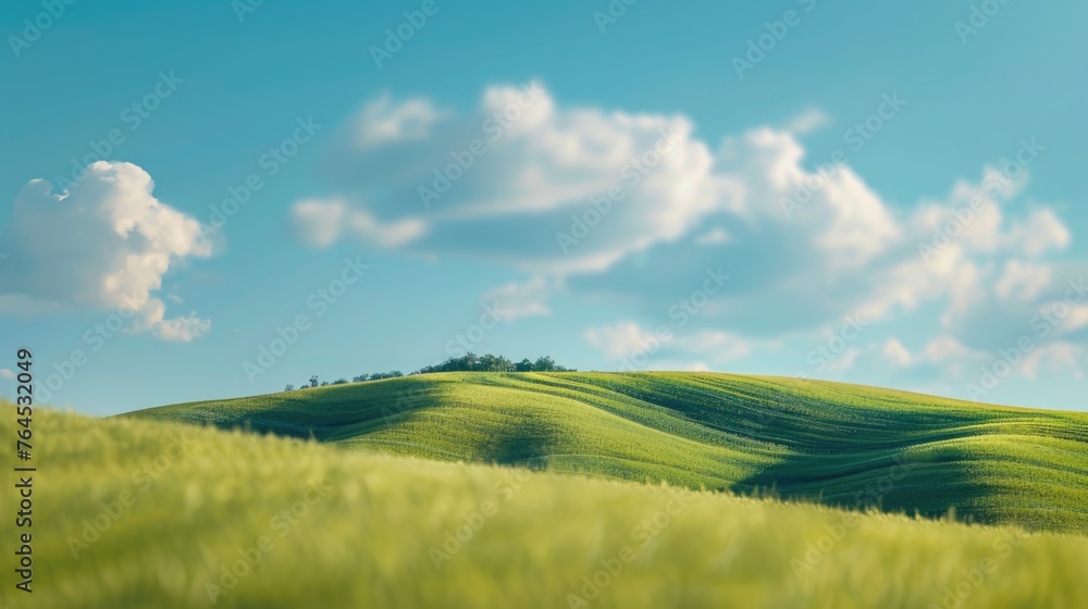 A scenic view of a green grass field with a clear blue sky in the background. Perfect for outdoor and nature concepts
