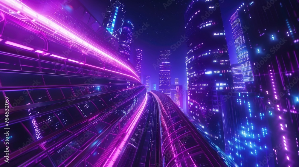 A train traveling through a city at night. Perfect for transportation and urban themes A train traveling through a city at night. Perfect for transportation and urban themes