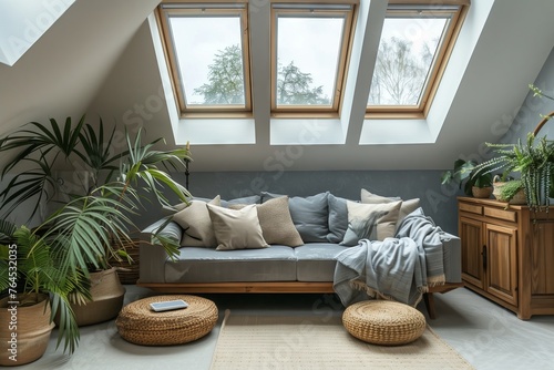 An interior design property featuring a living room with a couch, plants in flowerpots, and skylights for natural lighting. The wood floor complements the furniture and fixtures photo