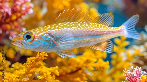  A close-up photo of a fish amidst yellow  red  blue  and white flora
