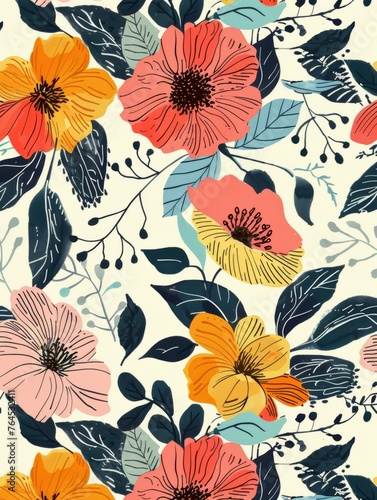 A floral pattern incorporating cultural symbols and patterns alongside the flowers 