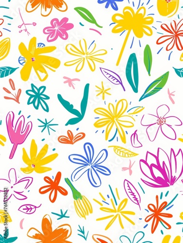 A neon outline pattern with vibrant flower silhouettes against a white background 
