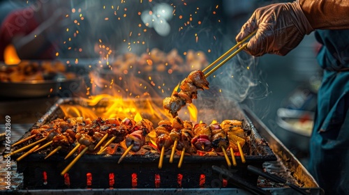 An Asian street food vendor skillfully grilling skewers of satay with a spicy peanut sauce. photo