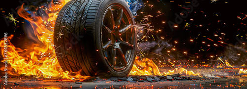 Closeup of Car Tire on Road, Automobile Racing Concept with Speed and Motion Blur