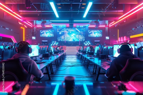 Esports Arena and Competitive Gamers an esports arena with competitive gamers facing off in a virtual battle
