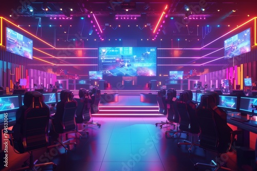 Esports Arena and Competitive Gamers an esports arena with competitive gamers facing off in a virtual battle photo