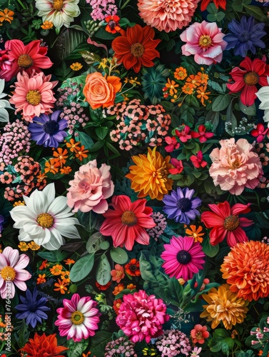 A photorealistic pattern showcasing different flower varieties in full bloom with realistic textures