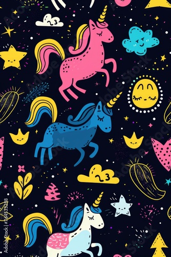 A whimsical pattern featuring unicorns and stars. Perfect for children's products or fantasy-themed designs © Fotograf