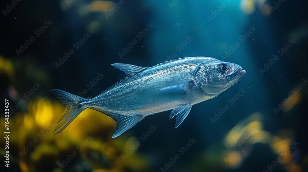 Naklejka premium A photo of a fish in a pond surrounded by yellow water lilies