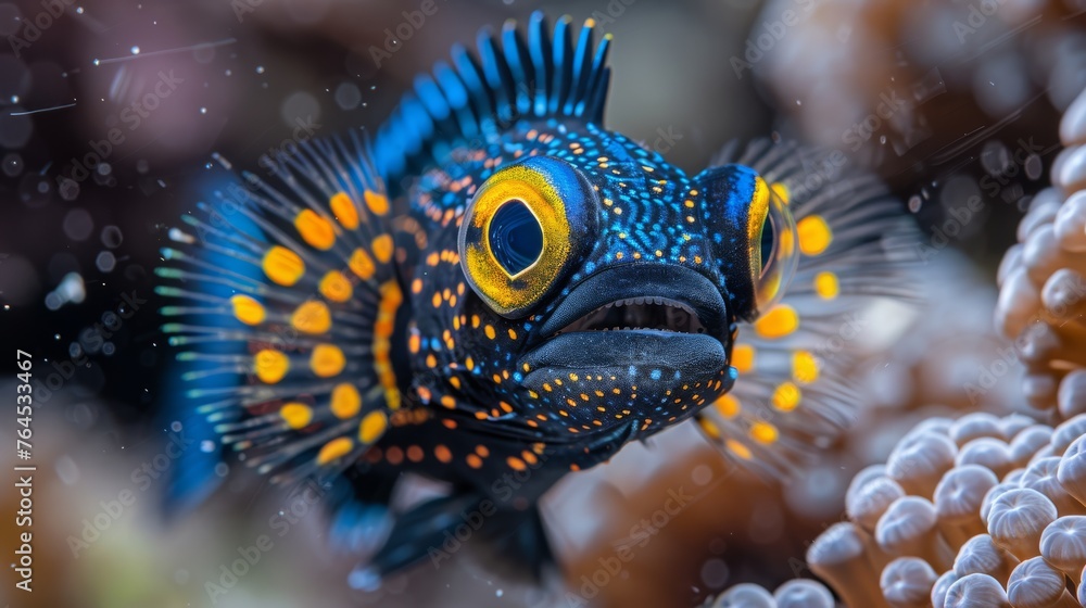 a blue-yellow fish with yellow spots on its face and a coral backdrop a blue-yellow fish with yellow spots on its face and a coral backdrop