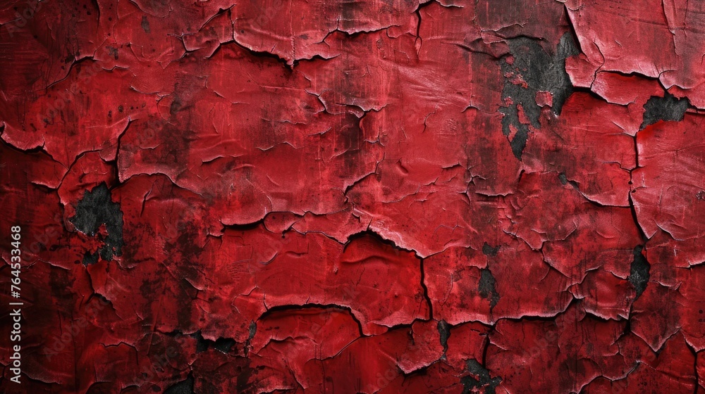 Naklejka premium A weathered red painted wall with peeling paint. Ideal for background or texture use