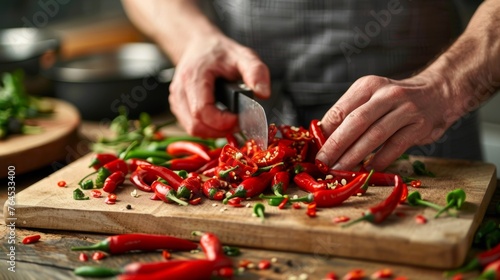 A skilled chef's hands chopping a variety of chili peppers on a wooden cutting board, ready for cooking