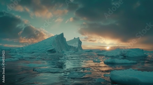 Group of icebergs floating on a body of water. Suitable for nature and climate change concepts
