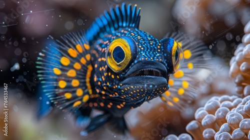   a blue-yellow fish with yellow spots on its face and a coral backdrop © Mikus