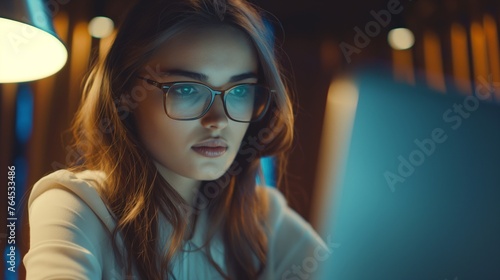 A young woman with glasses concentrating on a computer screen, illuminated by a warm glow in a dimly lit room.