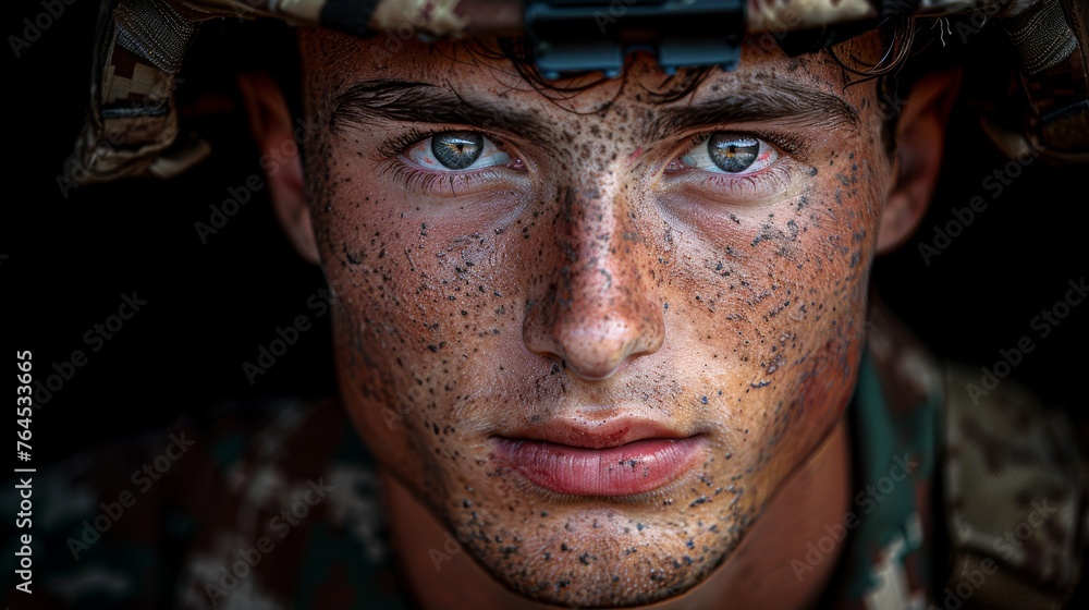Close-up of a man with freckles, helmet, and cellphone on head Close-up of a man with freckles, helmet, and cellphone on head