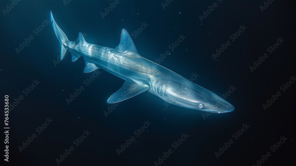 Naklejka premium A large shark swimming in an ocean, bathed in sunlight, surrounded by numerous bubbles