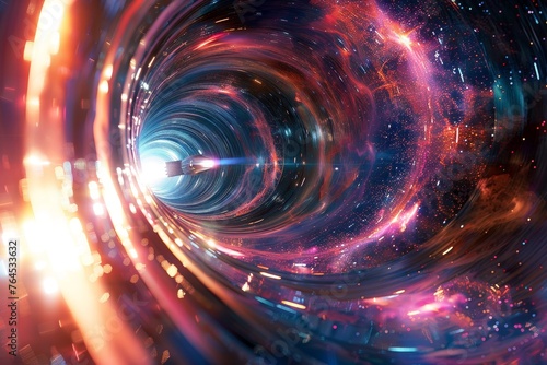 Interstellar Travel and Wormholes a spacecraft traversing through a swirling wormhole