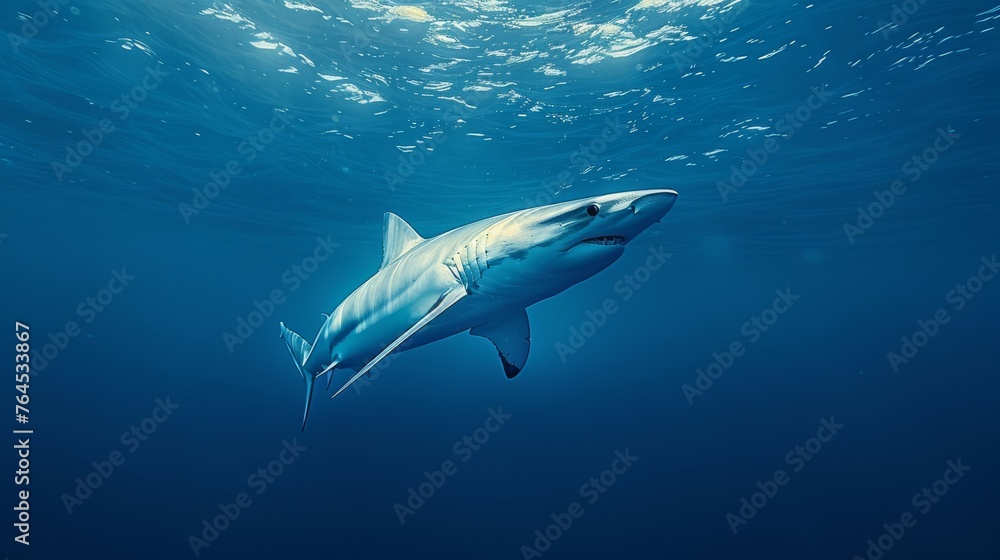 Obraz premium A great white shark swims beneath the water surface, with its head just above